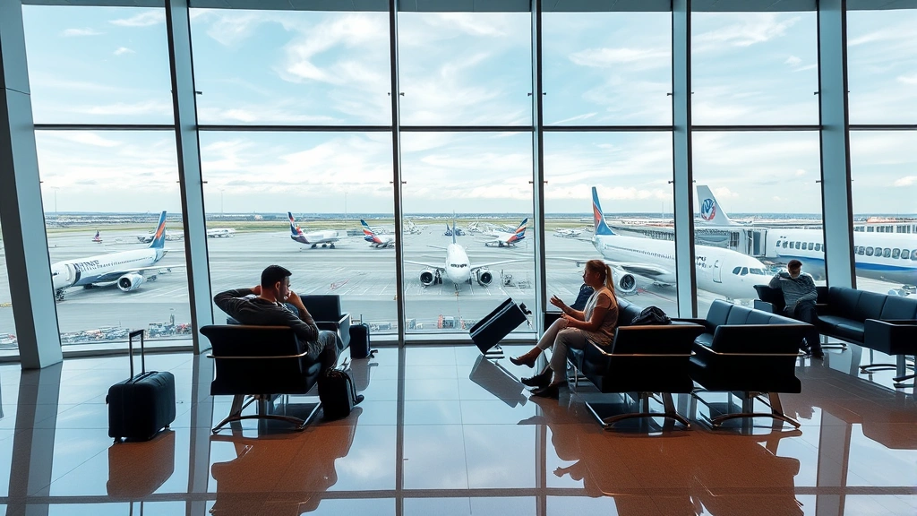 Passengers relaxing in luxury airport lounge with floor-to-ceiling windows overlooking multiple aircraft and runways at modern international airport terminal
