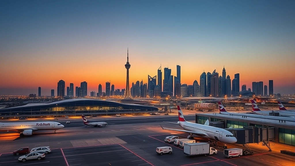 Doha skyline at dusk featuring modern architecture and Hamad International Airport facilities with aircraft parked at gates and ground service vehicles