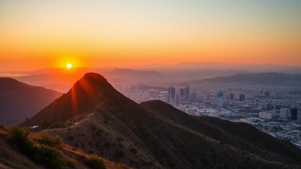 Monterrey's iconic Cerro de la Silla mountain landscape at sunset with modern city skyline, Sierra Madre mountains in background, golden hour lighting