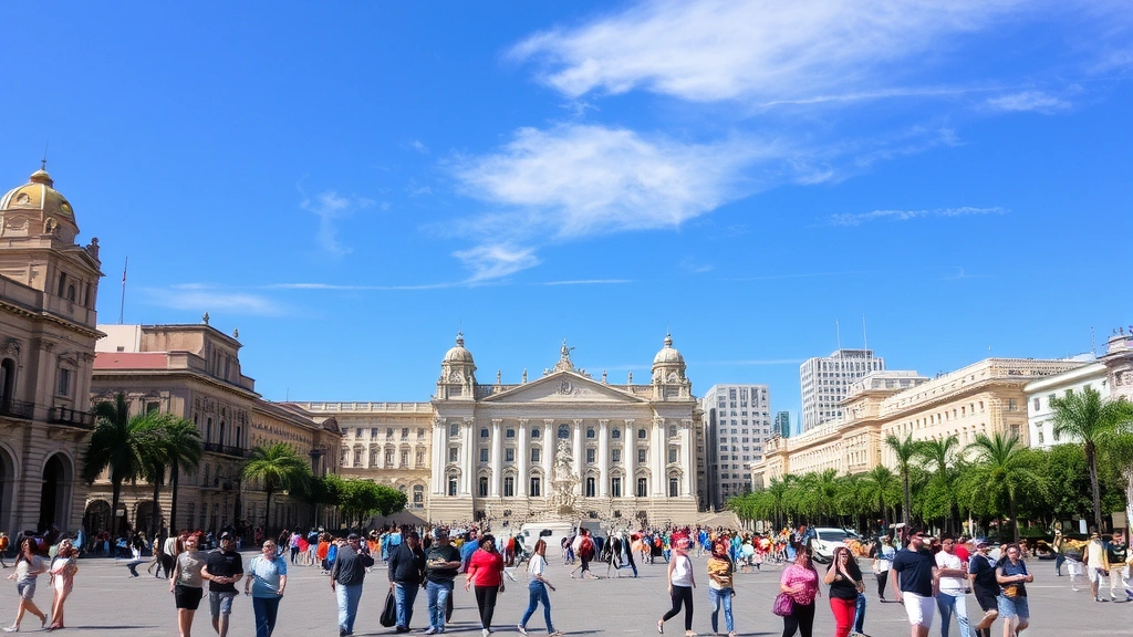 Monterrey's Macroplaza with tourists walking, colonial architecture and modern buildings surrounding massive plaza, blue sky, people relaxing and exploring