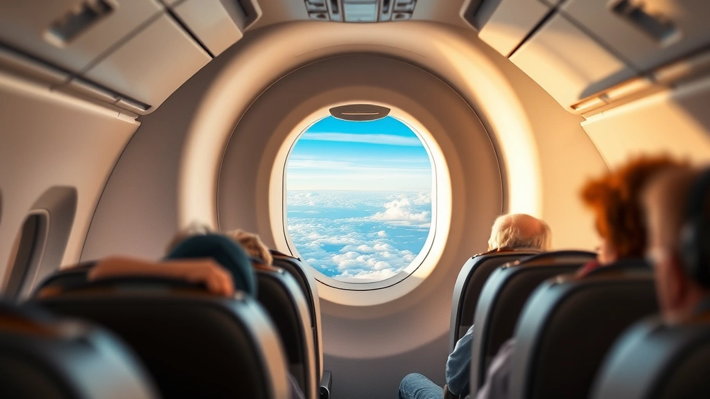 Modern aircraft cabin interior during flight with window showing blue sky and clouds, passengers seated comfortably, warm cabin lighting, photorealistic professional photography
