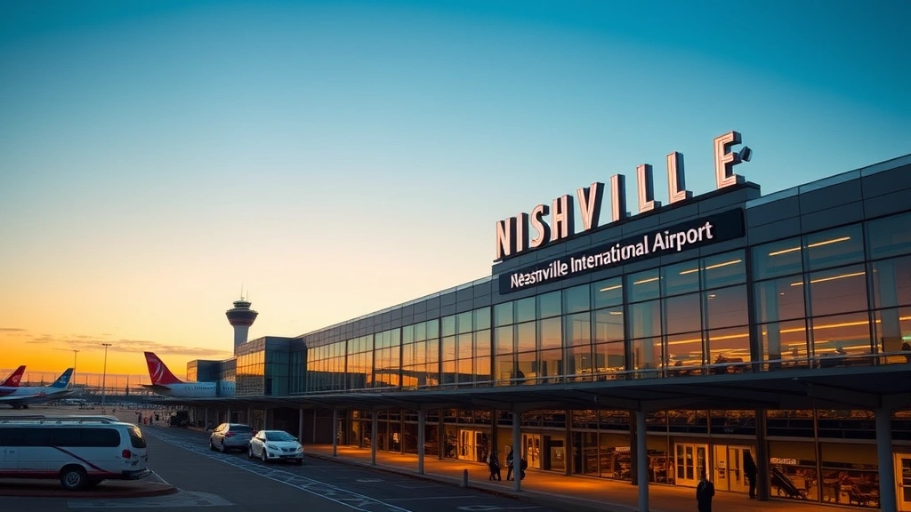 Nashville International Airport modern terminal exterior with contemporary architecture, departure/arrival areas, aircraft visible in background, golden hour lighting, vibrant travel atmosphere