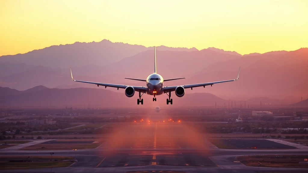 Sunset view of commercial aircraft landing at Phoenix Sky Harbor Airport with Sonoran Desert landscape and distant mountains in background, golden hour lighting