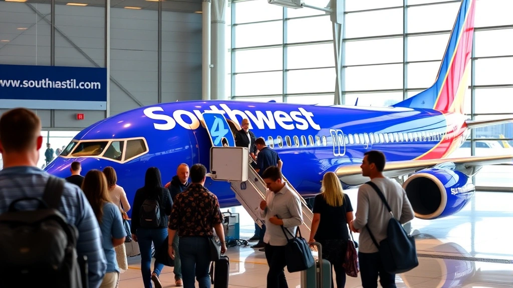 Passengers boarding Southwest Airlines Boeing 737 at Houston airport gate, modern terminal interior with blue and red branding, natural daylight from windows