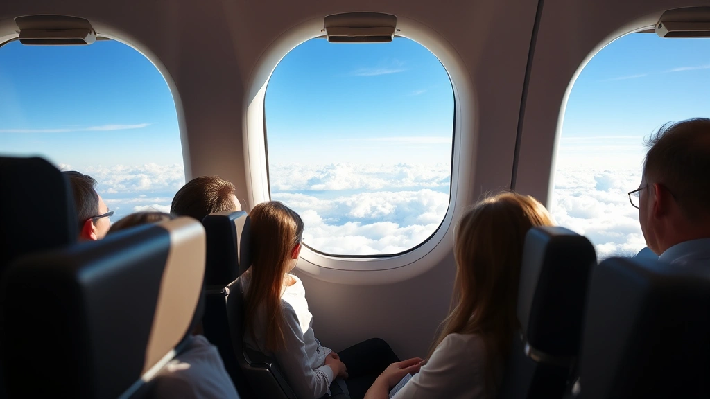 Modern airplane cabin interior with passengers seated during flight, window seat view showing clouds and blue sky during daytime flight