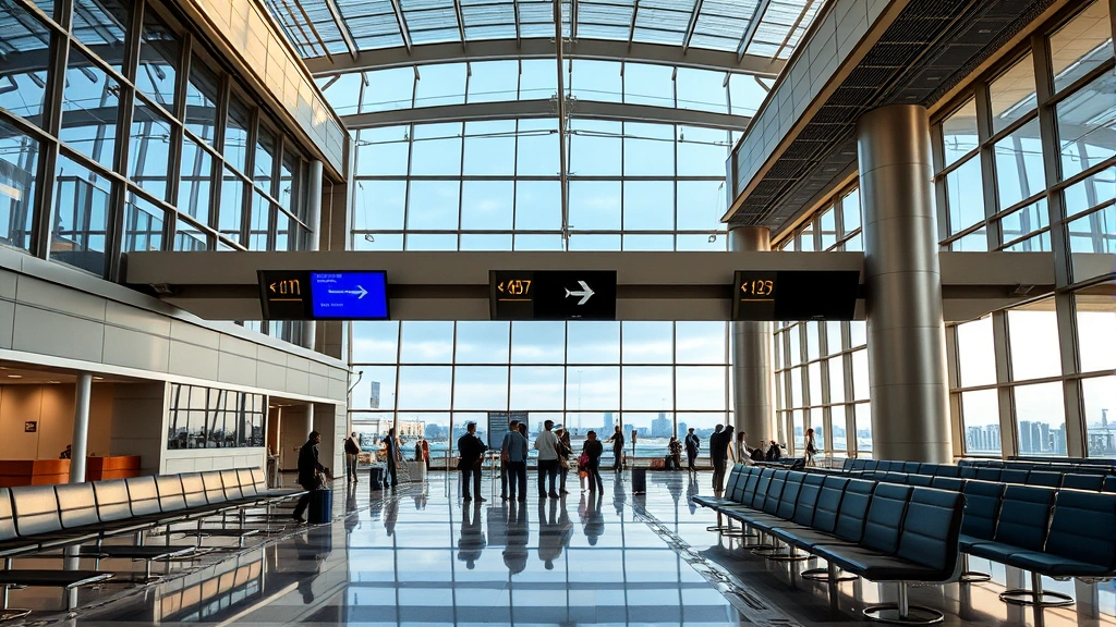 Houston airport departure lounge with travelers waiting at gate, modern airport architecture with large windows and contemporary seating areas