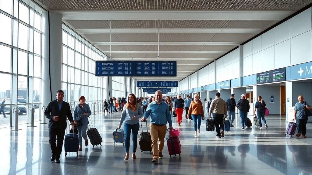Interior of modern airport terminal with travelers walking through spacious corridor, departure boards visible, natural light streaming through windows, diverse passengers with luggage