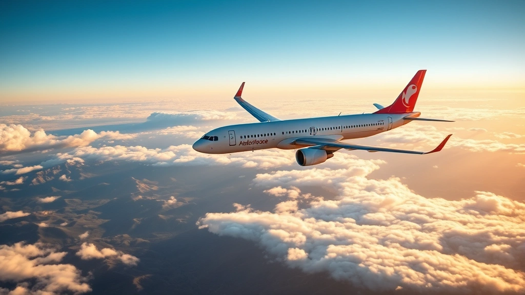 Boeing 737 or Airbus A320 aircraft in flight over California landscape with mountains and valleys below, white clouds, golden hour lighting, commercial airline livery visible