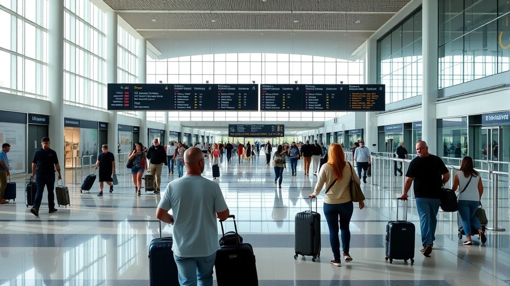 Interior of Tampa International Airport terminal with travelers with luggage, modern architecture with natural light, departure boards visible, diverse passengers walking through bright hallway