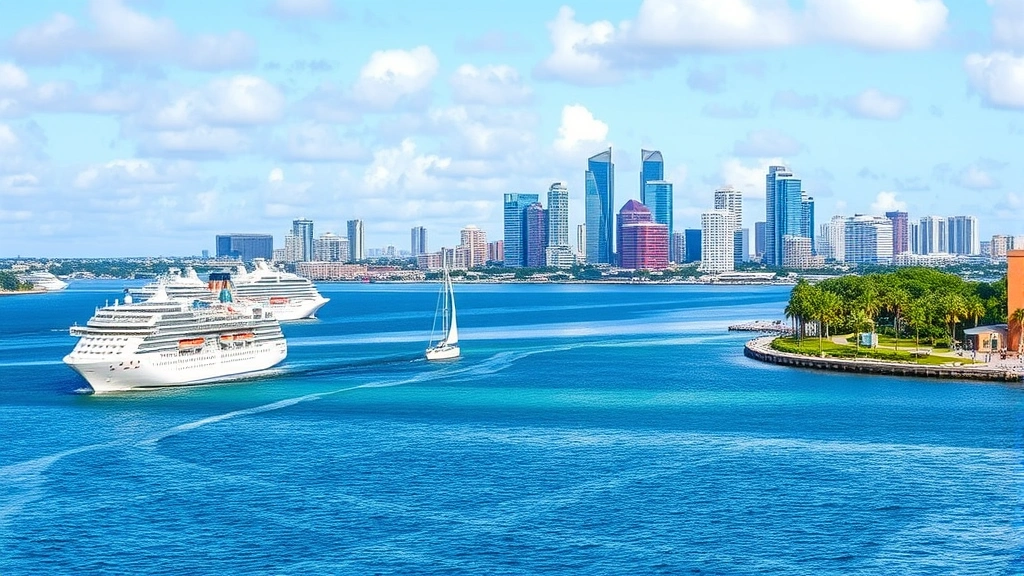 Coastal view of Tampa Bay with cruise ships and sailboats, downtown Tampa skyline in background, blue water reflecting sky, palm trees along waterfront, travel destination atmosphere
