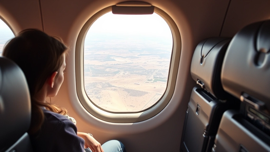 Airplane interior cabin with passengers, window view of desert landscape below, bright natural lighting from window