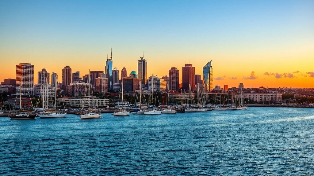 San Diego waterfront skyline with harbor sailboats at golden hour sunset, coastal city landscape with blue water