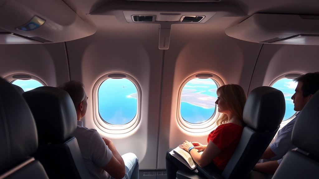 Modern airplane cabin interior during daytime flight showing passengers relaxed in seats with ocean and island views visible through windows