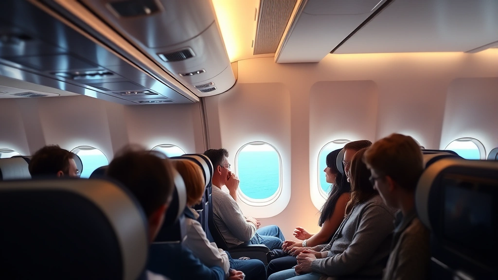 Modern wide-body aircraft cabin interior during flight with passengers relaxing, overhead bins, and distant view of Pacific Ocean through window with soft lighting