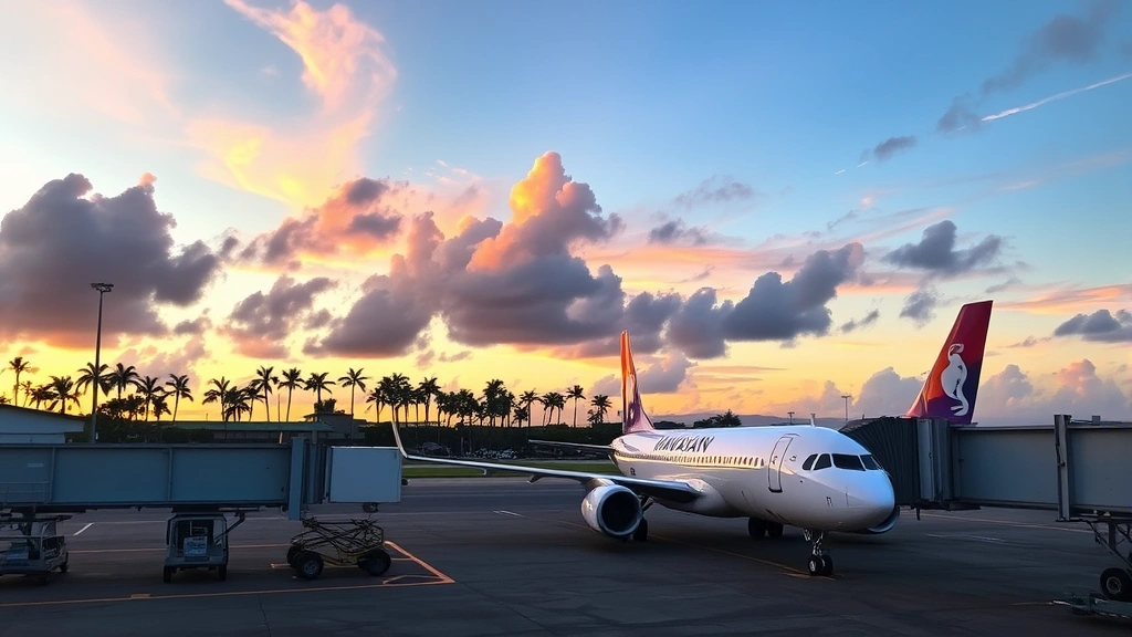 Honolulu International Airport tarmac at sunset with Hawaiian Airlines aircraft parked at gate, palm trees in background, and tropical sky with warm colors