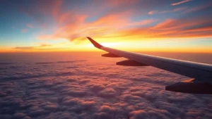 Modern Boeing 777 aircraft flying over the Atlantic Ocean at sunset, showing the curvature of Earth and clouds below, transatlantic flight perspective