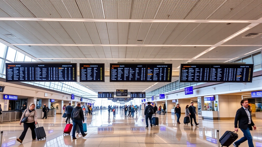 Busy departure hall at JFK International Airport with departure boards and travelers with luggage, modern airport terminal architecture