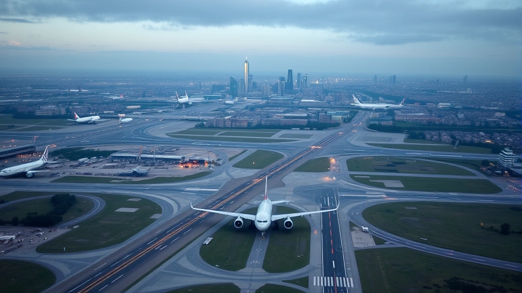 Aerial view of London Heathrow Airport runways with multiple aircraft, city skyline visible in background, daytime lighting