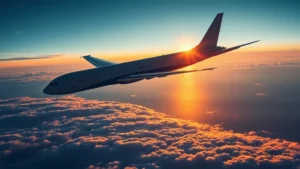 Modern wide-body aircraft cruising over Atlantic Ocean at sunset, wing-mounted engine visible, clouds below, golden light reflecting off fuselage, realistic aviation photography