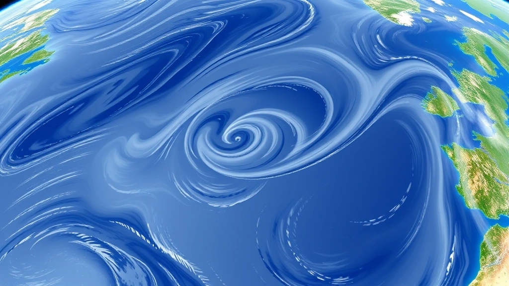Jet stream weather map showing wind patterns over North Atlantic, visible from aircraft perspective, swirling air currents, realistic meteorological visualization without text or labels