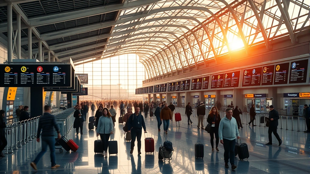 Busy international airport terminal with departure boards and passengers, modern architecture, early morning light, transatlantic travelers with luggage, realistic airport scene
