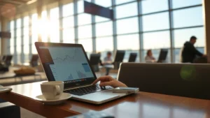 Traveler checking flight prices on laptop at airport gate lounge with morning sunlight streaming through windows, coffee cup beside keyboard