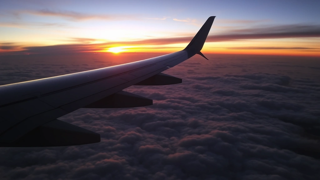 Airplane wing silhouetted against golden sunset sky over ocean clouds during evening flight, peaceful serene atmosphere