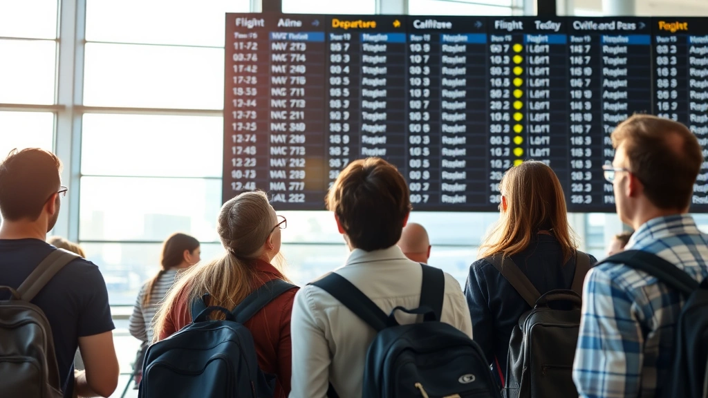 Diverse group of passengers at airport departure board studying flight information, natural daylight from large windows