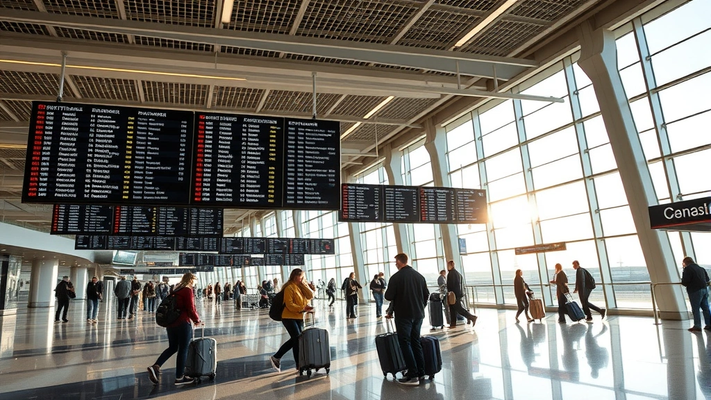 Modern airport terminal interior at Des Moines International Airport with departure boards showing flight information, travelers checking luggage, and natural daylight streaming through windows, professional travel photography