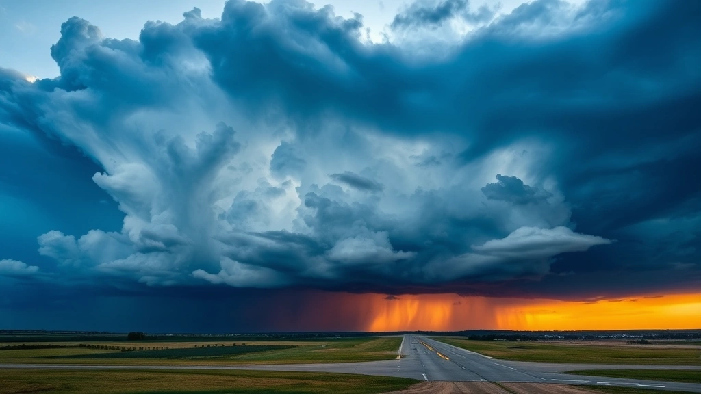 Thunderstorm clouds gathering over Iowa farmland and airport runway at sunset, dramatic weather conditions affecting flight operations, atmospheric travel and weather photography
