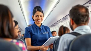 Professional IndiGo airline cabin crew member assisting a diverse group of passengers in the aircraft cabin, providing friendly customer service with a warm smile, modern aircraft interior visible in background
