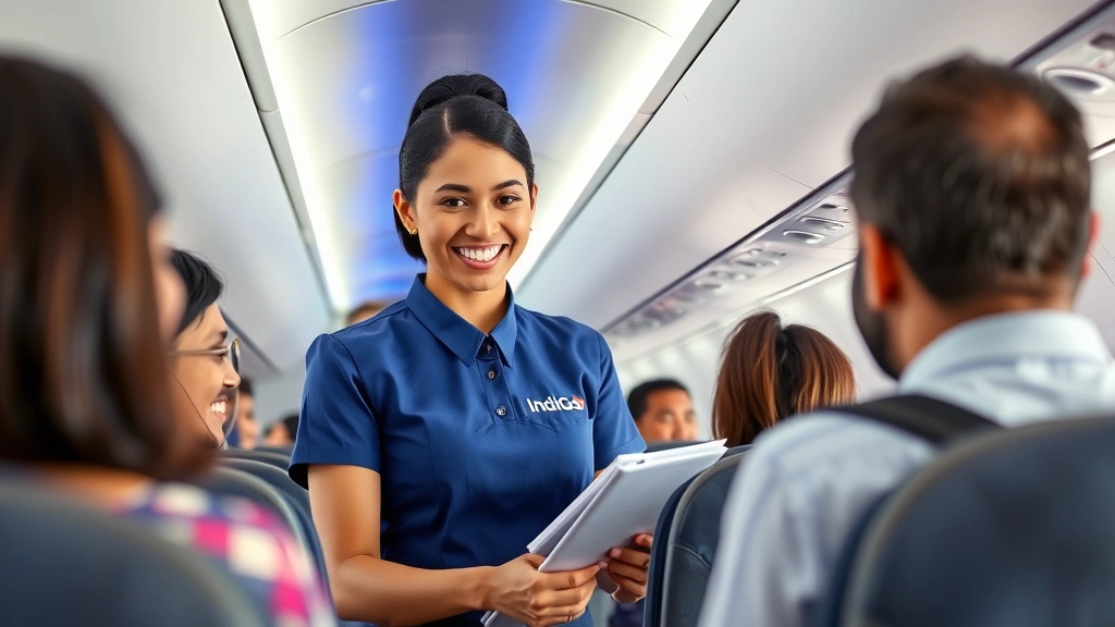 Professional IndiGo airline cabin crew member assisting a diverse group of passengers in the aircraft cabin, providing friendly customer service with a warm smile, modern aircraft interior visible in background