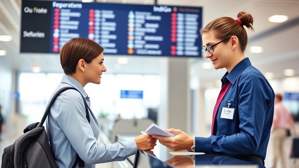 Modern IndiGo customer service representative at airport counter helping a traveler with boarding documents and flight information, professional uniform, bright airport terminal setting with departure boards