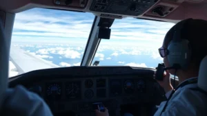 Photorealistic cockpit view of modern commercial aircraft during cruise flight with detailed instruments, blue sky, and clouds visible through windscreen, no text or labels