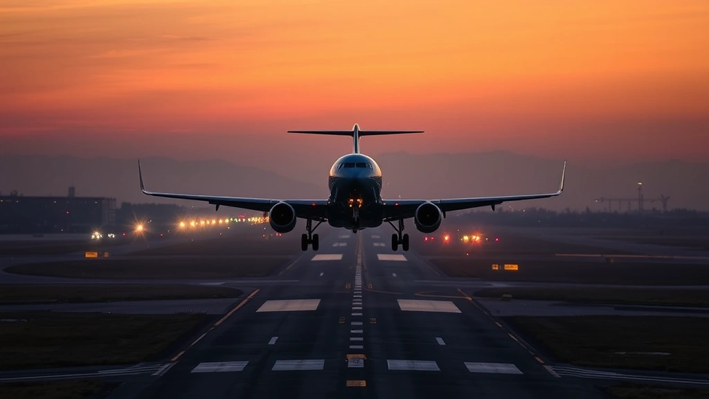 Aerial view of commercial jet landing at sunset on major airport runway with runway lights and approach lights visible, realistic atmospheric conditions, no signage