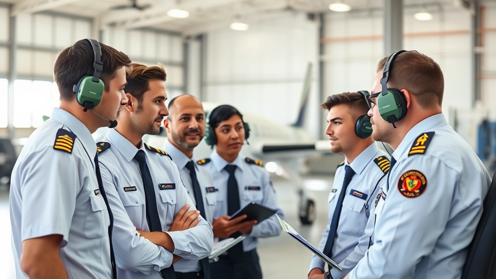Diverse group of pilots in professional aviation uniforms discussing flight procedures in modern flight training center with aircraft simulator visible in background, no identifying text