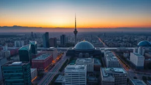 Aerial view of Tehran cityscape with Milad Tower and urban landscape at sunset, modern buildings and mountains in background, photorealistic travel photography