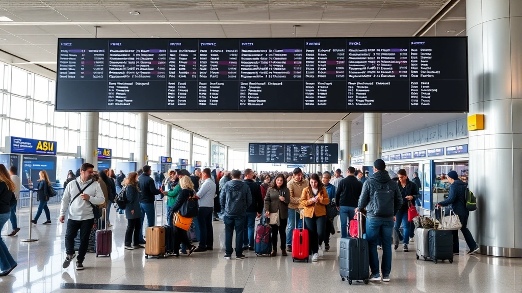 Busy international airport departure hall with diverse travelers checking luggage and boarding, modern terminal architecture with flight information displays visible