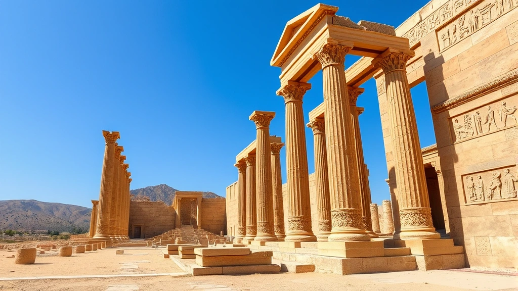 Ancient Persepolis ruins with towering stone columns and carved reliefs, desert landscape and blue sky, historical Persian architecture, daytime photography