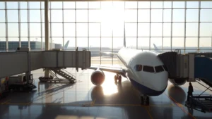 Modern airport terminal with ITA Airways aircraft parked at gate, blue and white livery visible, passengers boarding through jet bridge, morning light streaming through windows