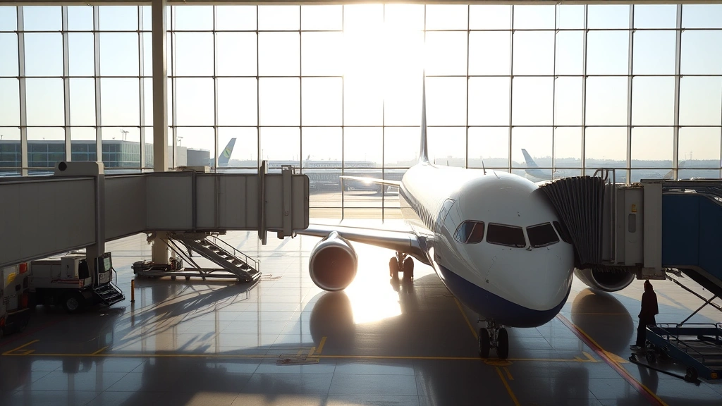 Modern airport terminal with ITA Airways aircraft parked at gate, blue and white livery visible, passengers boarding through jet bridge, morning light streaming through windows