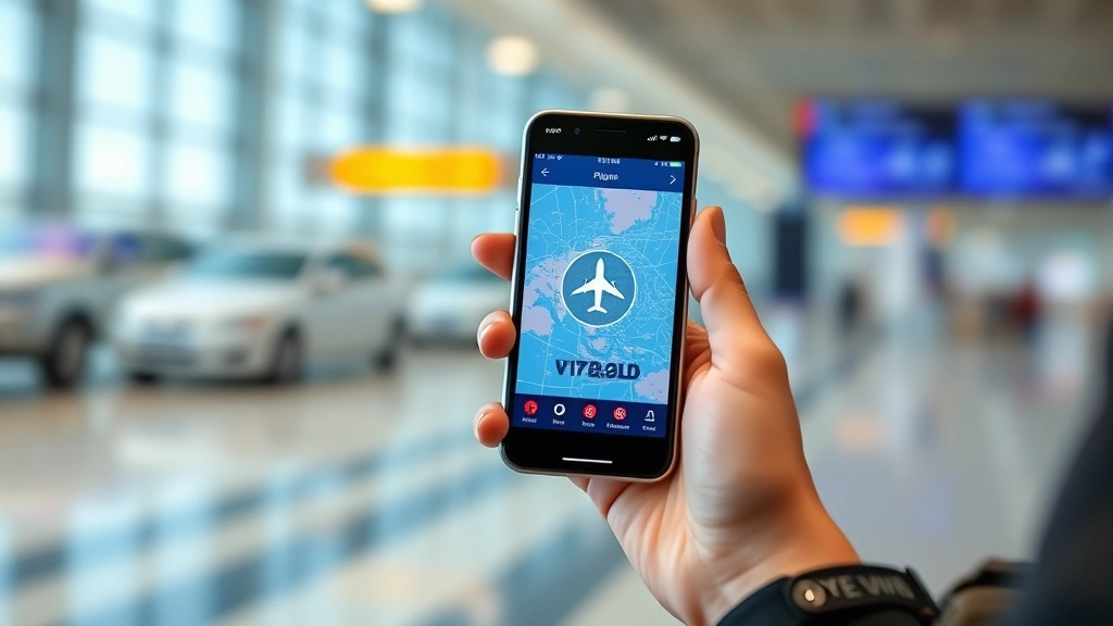 Passenger holding smartphone displaying flight tracking app with aircraft icon on map, airport terminal background blurred, showing real-time flight information interface