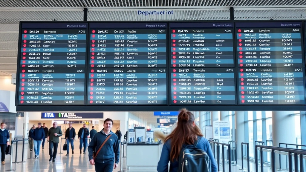 Departure board at major European airport showing multiple flights with status updates, travelers walking through terminal, ITA Airways flights listed among other carriers
