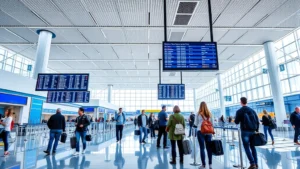 Modern airport terminal with passengers checking flight information on digital departure boards, bright natural lighting, contemporary design with blue and white colors