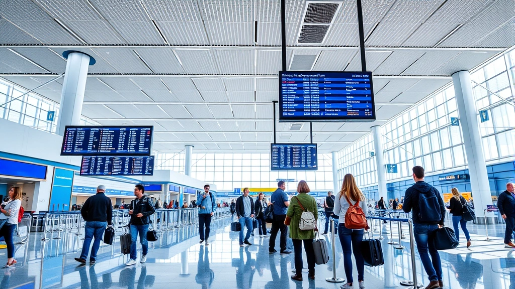 Modern airport terminal with passengers checking flight information on digital departure boards, bright natural lighting, contemporary design with blue and white colors