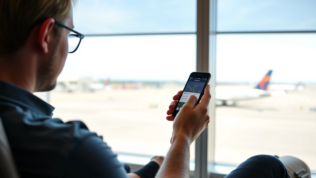 Passenger using smartphone with flight tracking app open, sitting in airport lounge with windows showing aircraft outside on tarmac, relaxed travel setting