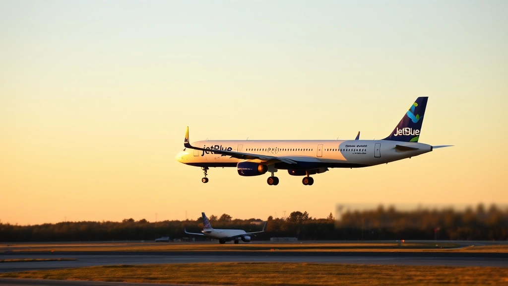 JetBlue aircraft taking off from runway at sunset with clear sky, Boeing aircraft in signature blue livery ascending into golden hour lighting