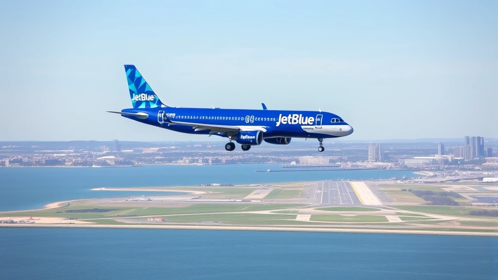 JetBlue Airbus A321 aircraft approaching Boston Logan International Airport over water with runway visible, modern commercial jet in blue livery, daytime clear weather, professional aviation photography