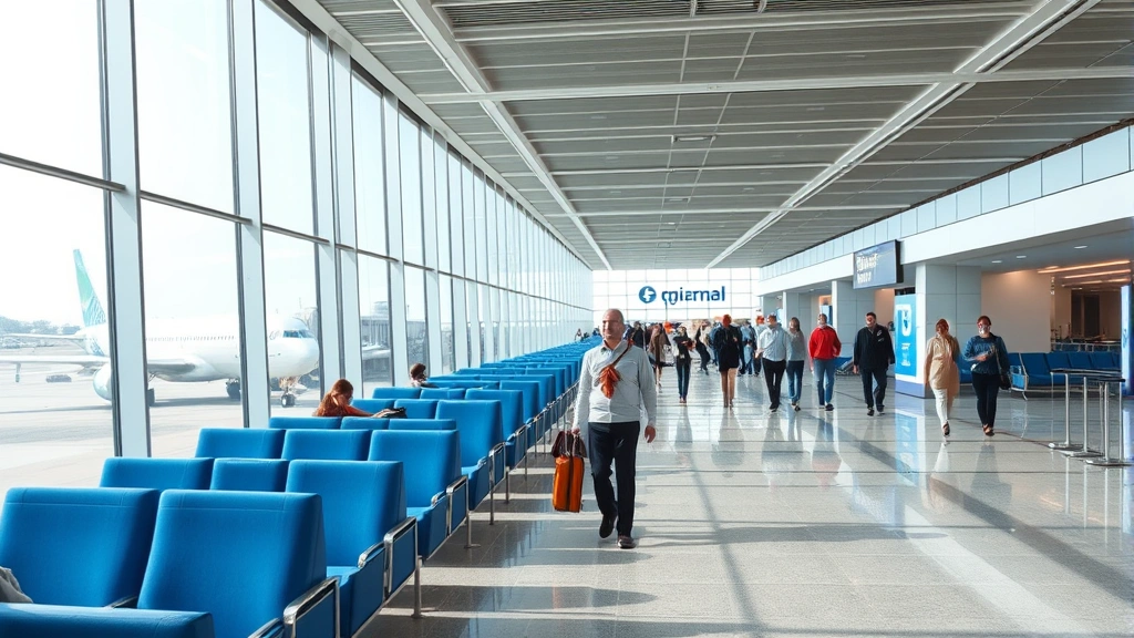 Modern airport terminal interior with blue-themed seating areas, passengers walking through contemporary corridor, large windows showing aircraft outside, bright natural lighting, bustling travel hub atmosphere