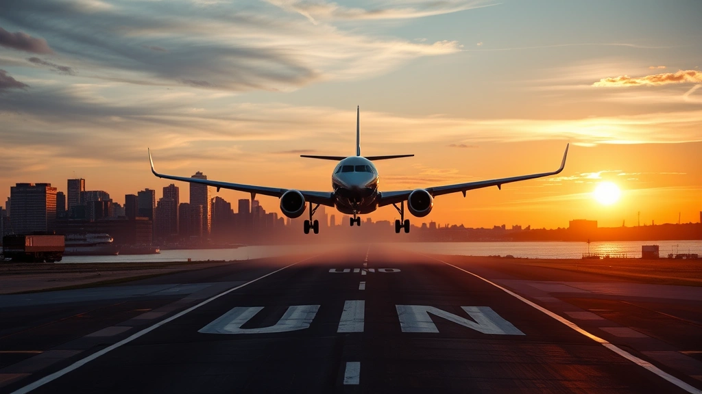 Boston Logan runway with aircraft landing, harbor water and cityscape in background, sunset golden hour lighting, professional aviation photography capturing approach sequence